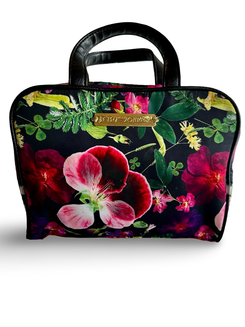 BETSEY JOHNSON Black Floral Cosmetic Bag with Pink and Red Blooms